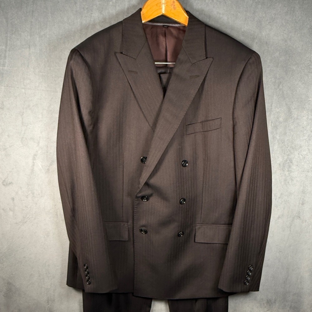 J.Crew Men's Brown Herringbone Wool Double-Breasted Suit 44R Pants 34x32